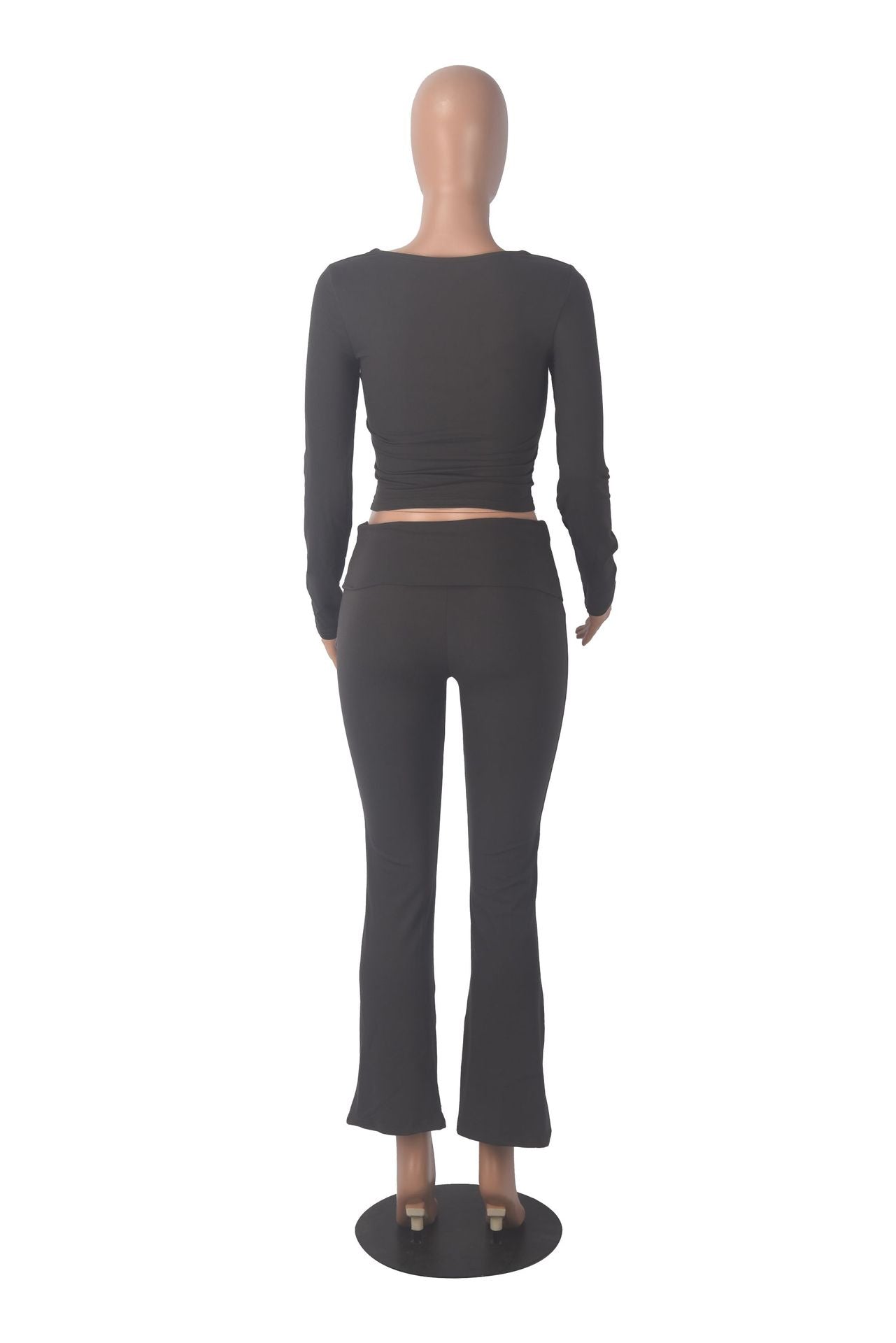 Women solid long sleeve top and bell bottom Pants two-piece suit 10