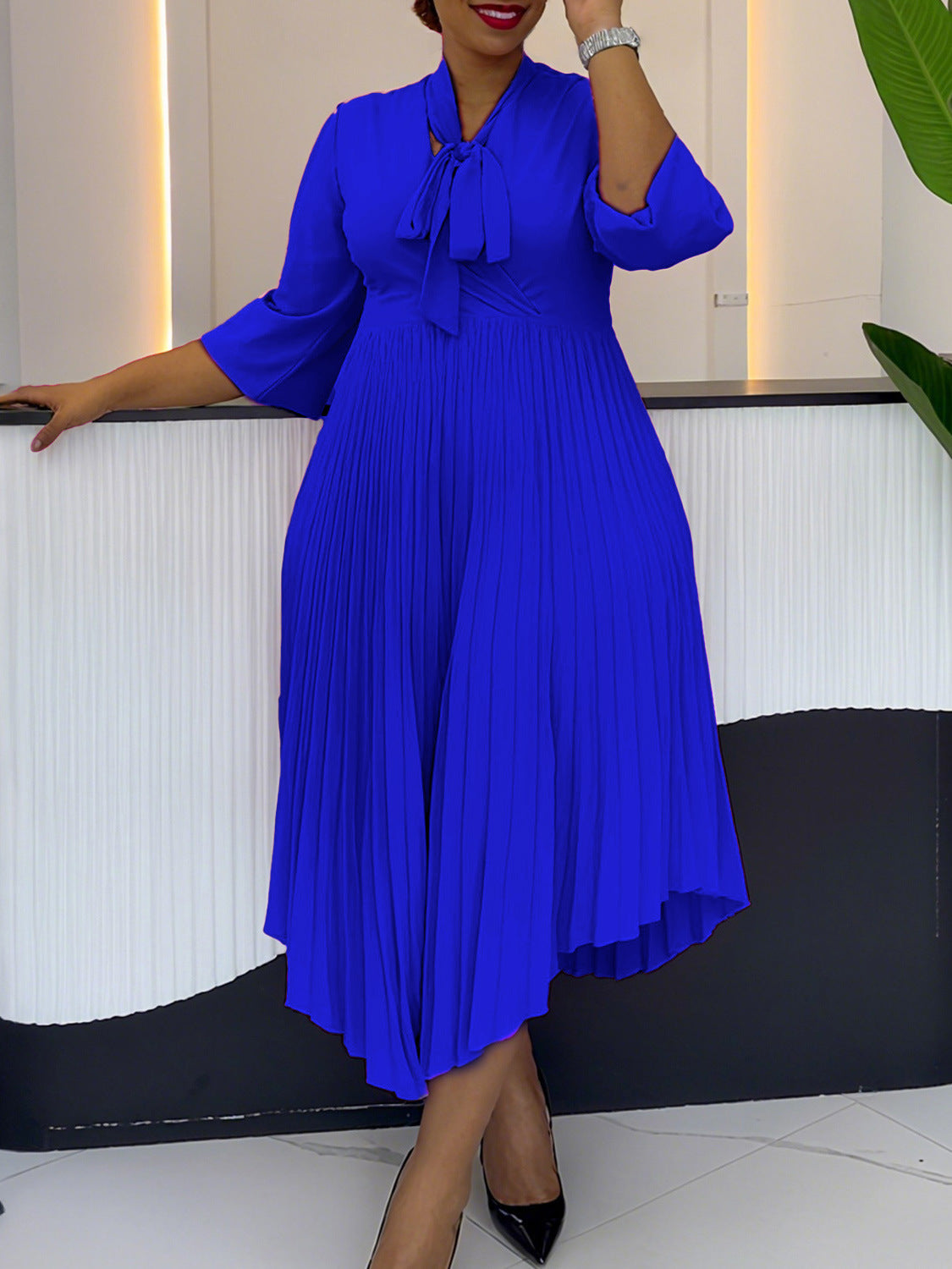 Women 3/4-sleeve tie dress with irregular pleats 7