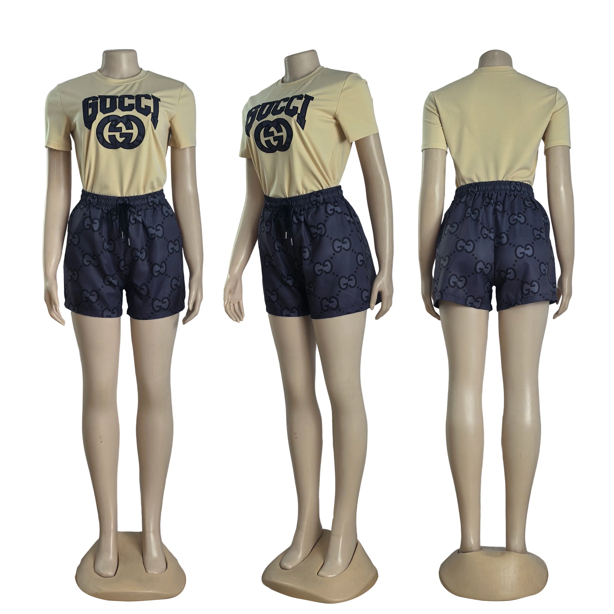 Women Summer Embroidered Printed Short Sleeve Top and Shorts Two-Piece Set 8