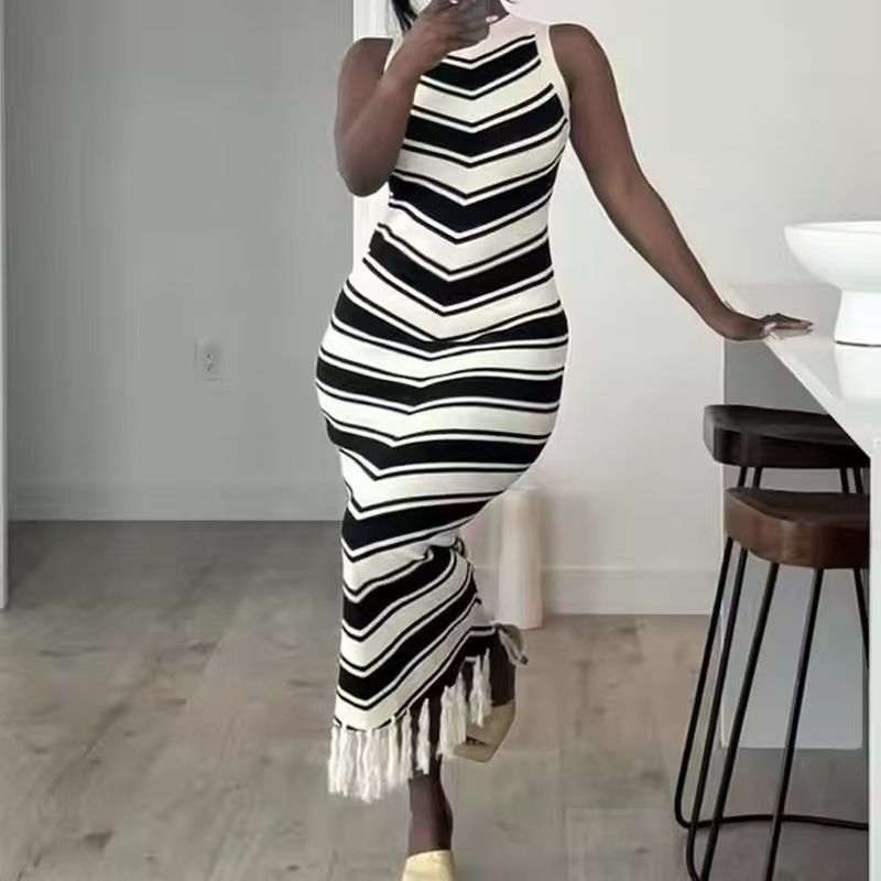 Sleeveless Color-Block Striped Knit Dress Summer Slim Fit Chic Bodycon Fringe Bodycon Dress