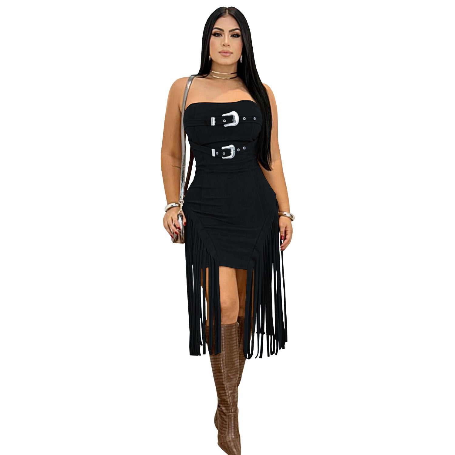 Strapless Low Back Fringe Dress 11