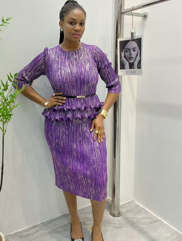 Fashion Pleated Shiny Plus Size African Round Neck Chic Sexy Bodycon Dress