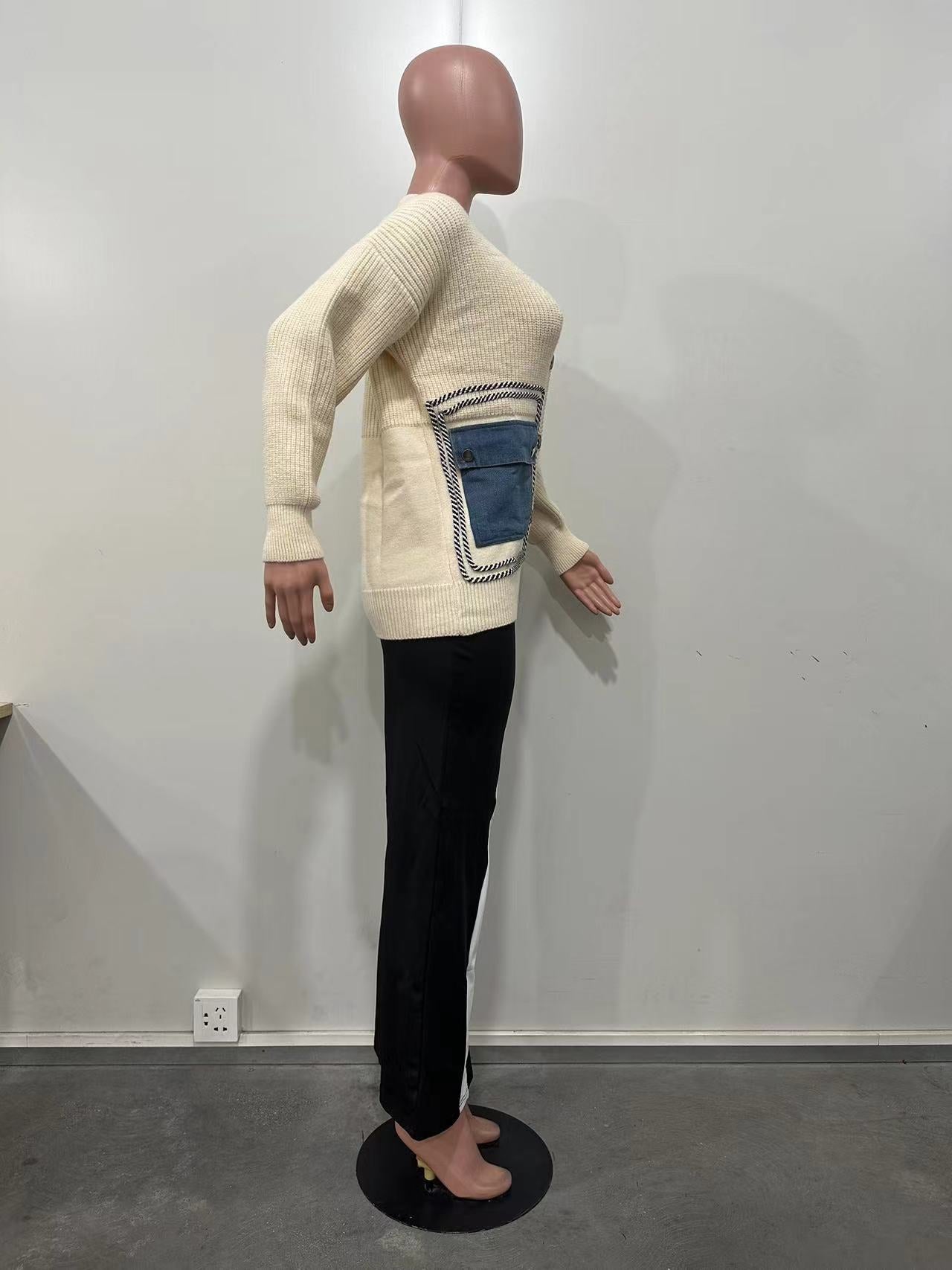 Women Patchwork single-breasted Denim pocket sweater 10