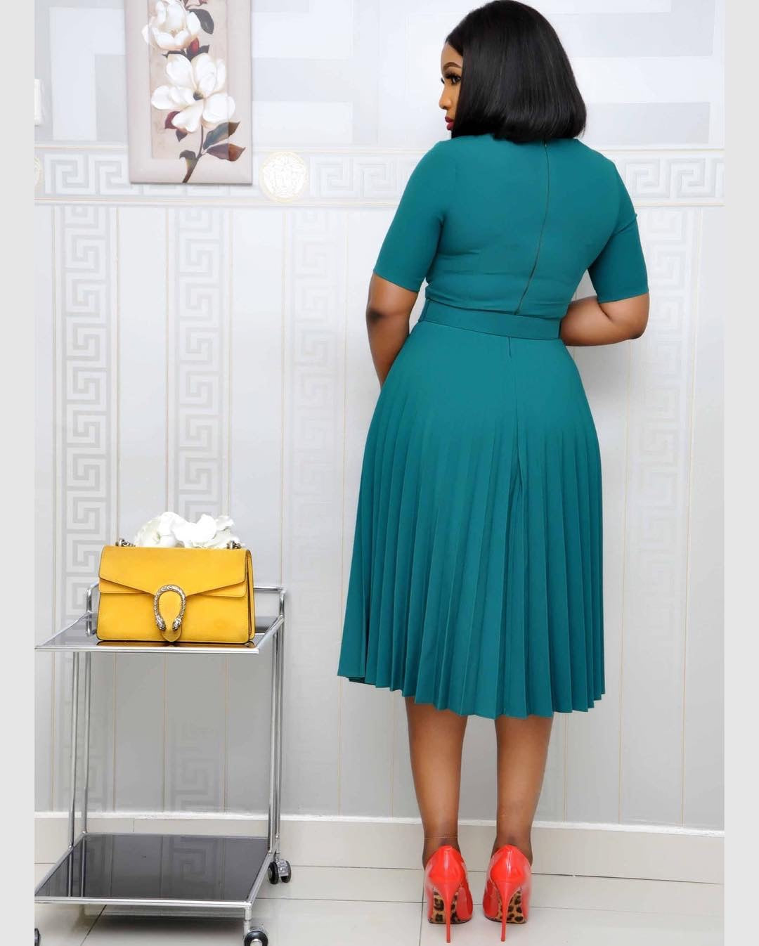 Plus Size Women Summer African Mom Short Sleeve Round Neck Solid Pleated Dress 9