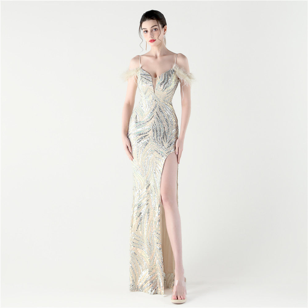 Women Stitched Cross Lace-Up Shiny Slit Evening Dress 5