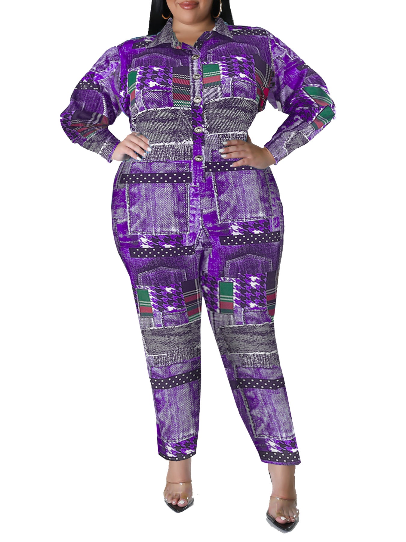 Plus Size Women's Fall Print Long Sleeve Jumpsuit 12
