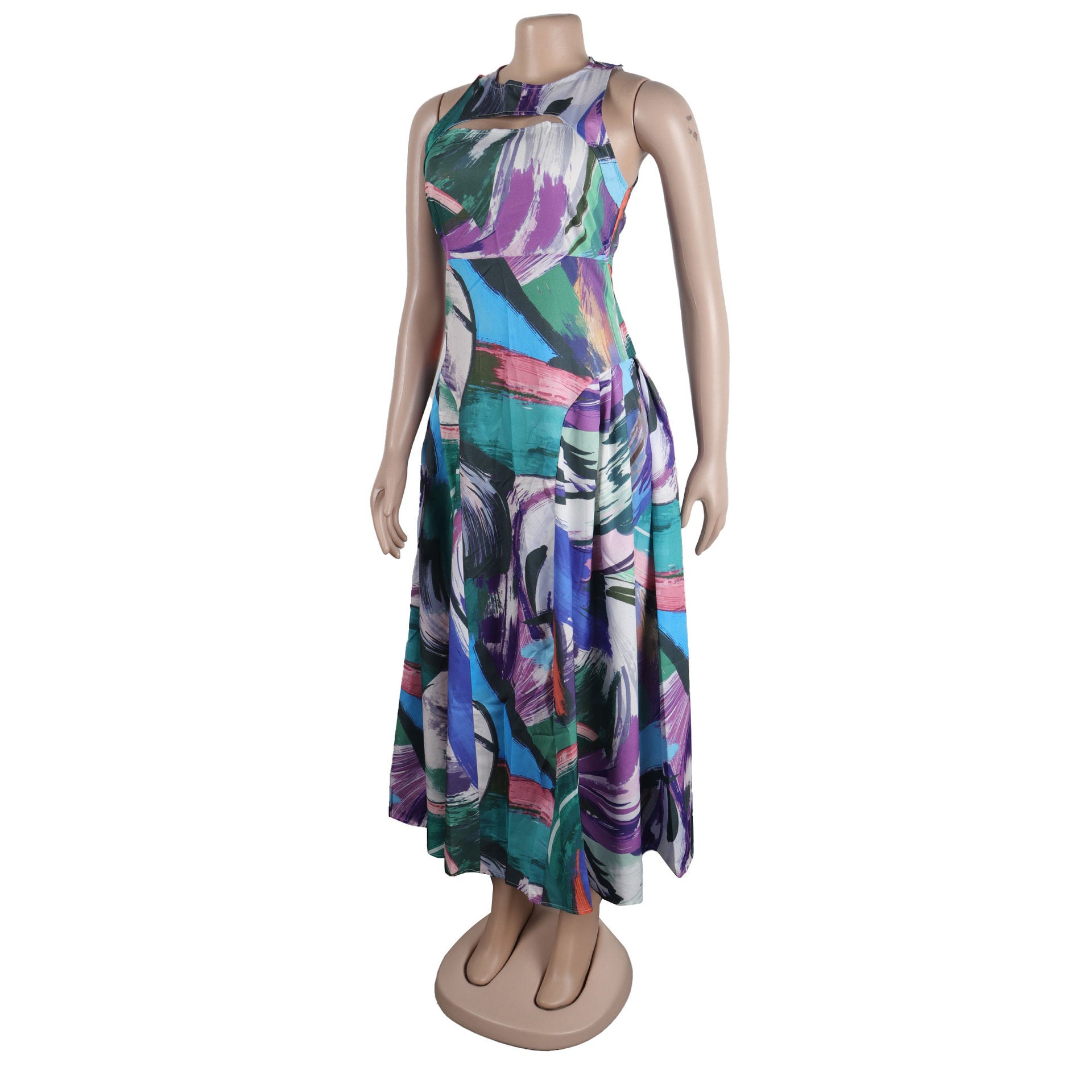 Fashion Sexy Slim Fit Hollow Printed Patchwork Sleeveless A-Line Dress 10