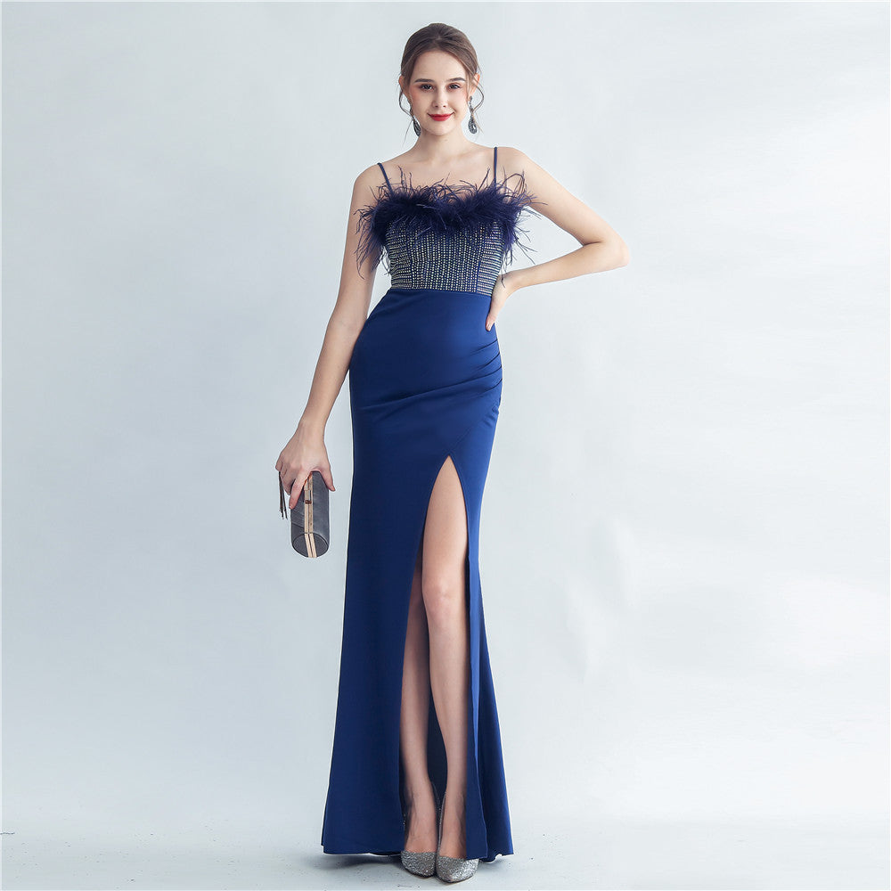 Feather Beaded straps Side Slit formal party Evening Dress