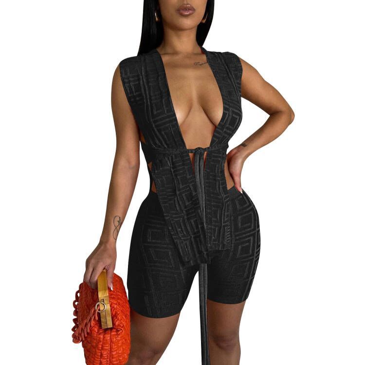 Women's Fashion Jacquard Sexy Tank + Shorts Two-Piece Set 11