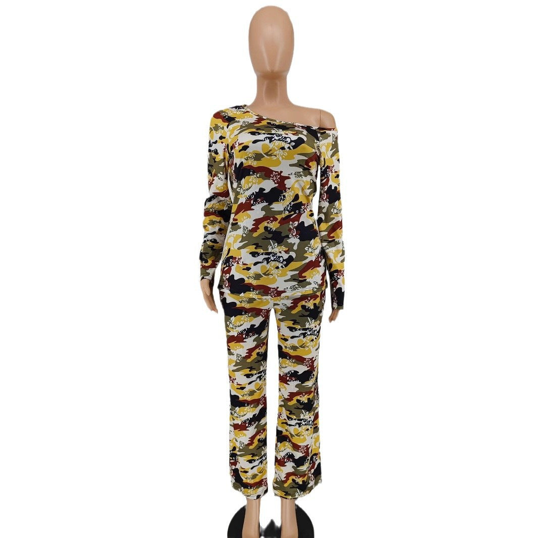 Women Style Sexy One-Shoulder Printed Long Sleeve Top and Pant Two-Piece Set 3