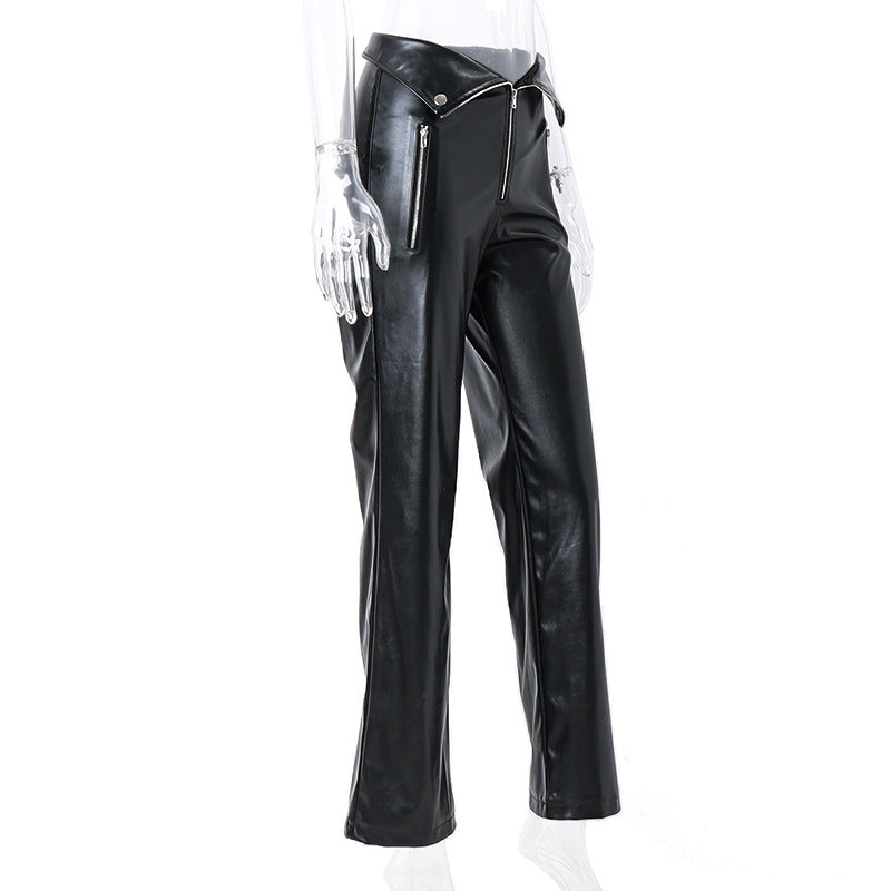 Women Autumn Casual High Waist Loose Wide Leg PU-Leather Pant 13
