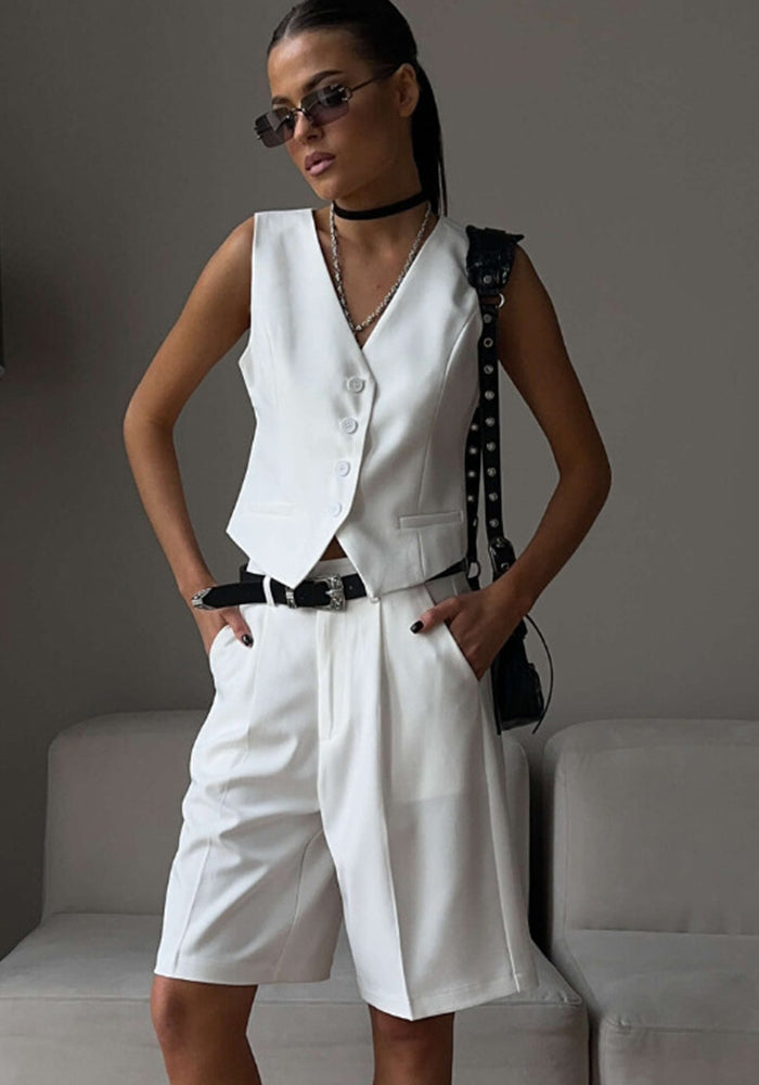 Women v-neck single-breasted vest + shorts two-piece set 5