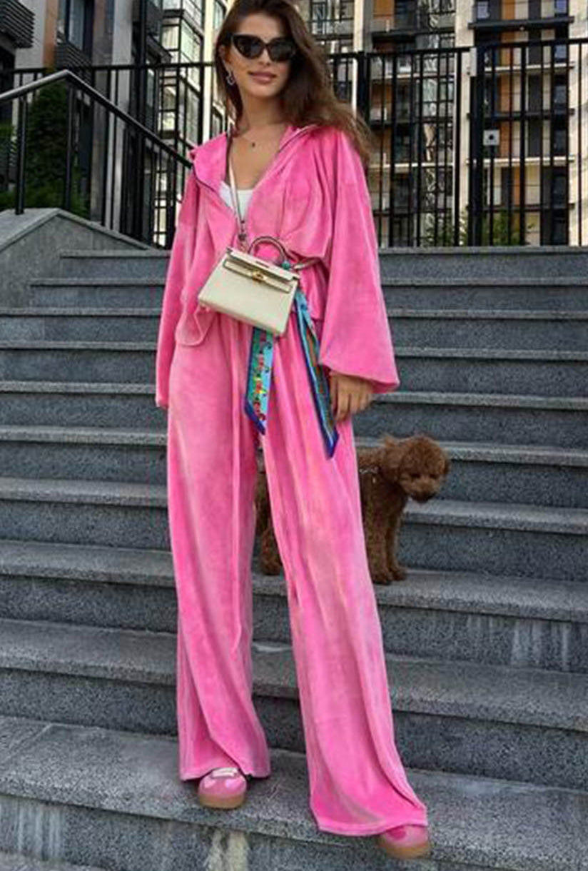 Women Casual Velvet zipper hooded top and wide-leg pants Two Piece Set 3