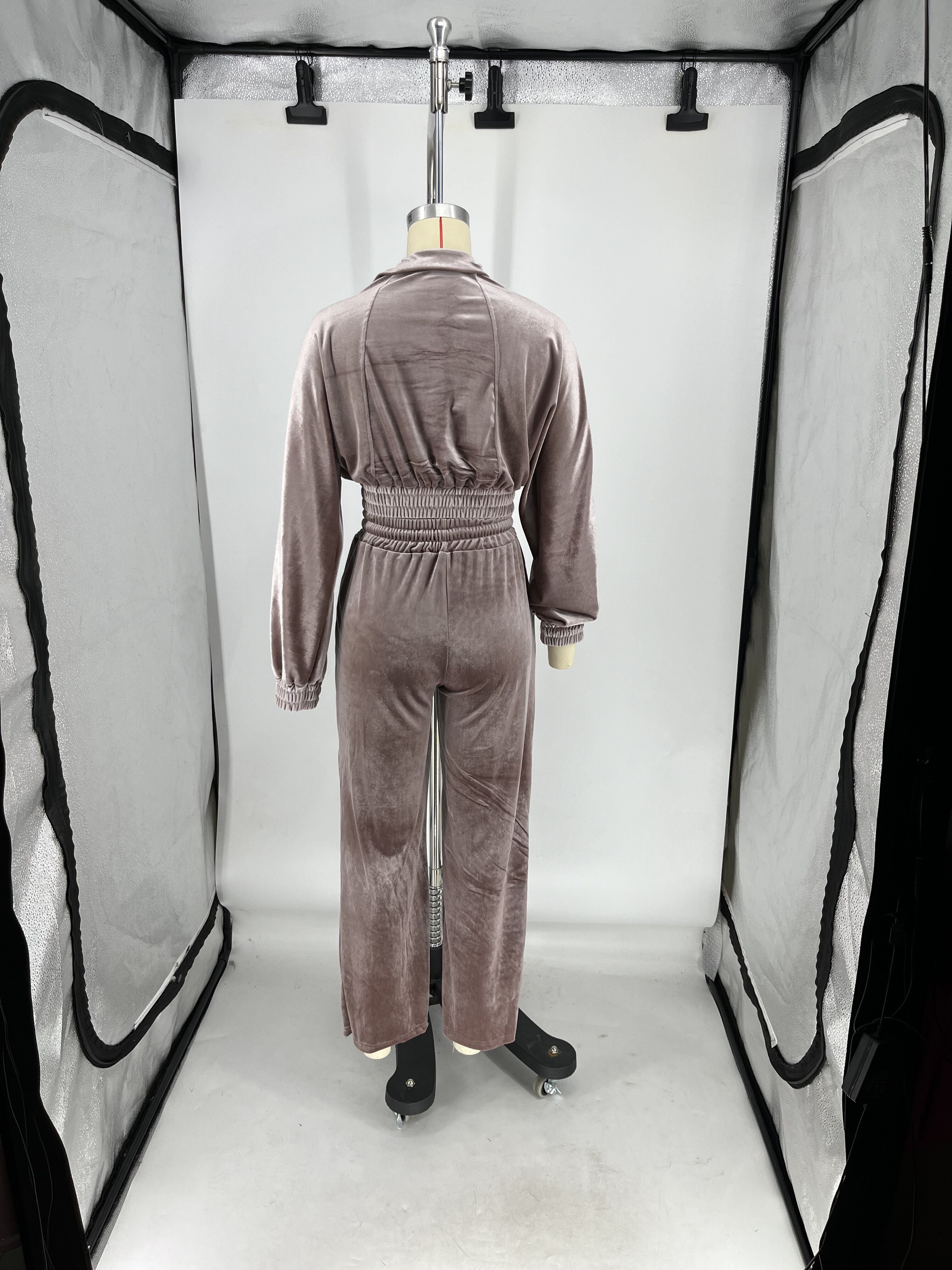 Women's Autumn And Winter Velvet Elastic Waist Zipper Jacket Pocket Trousers Suit 14