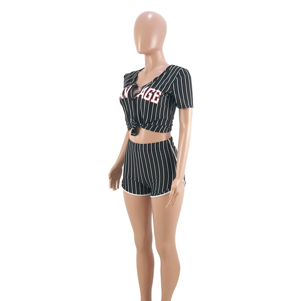 Women Sexy Women Striped Letter Baseball Top and Skirt Two-piece Set 10