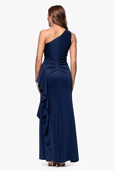 One-Shoulder Chic Elegant Solid Color Slim Waist High-Slit Side Ruffles Mermaid Evening Gown 10