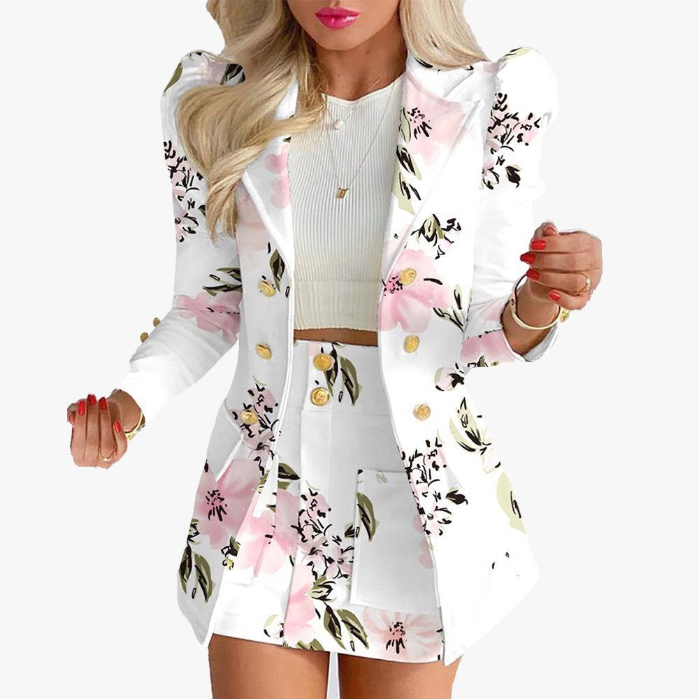 Women Printed Elegant Career Blazer and Print Skirt Two-Piece Set 16