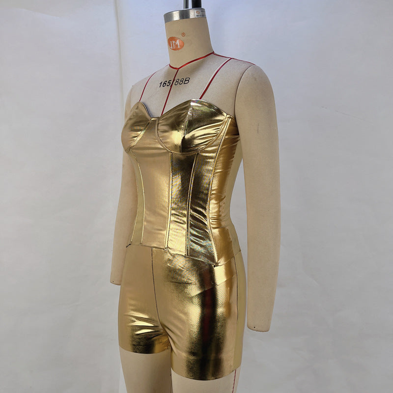 Women PU-leather metallic body shaping Strapless Top and Casual shorts two-piece set 7