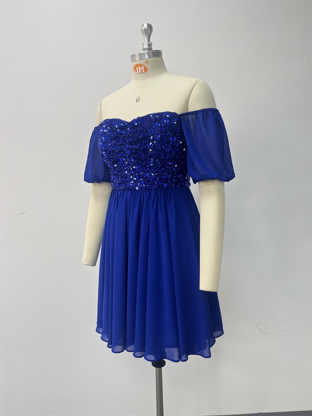 Women's Off Shoulder Low Back Chiffon Patchwork Sequin Midi Prom Dress 11