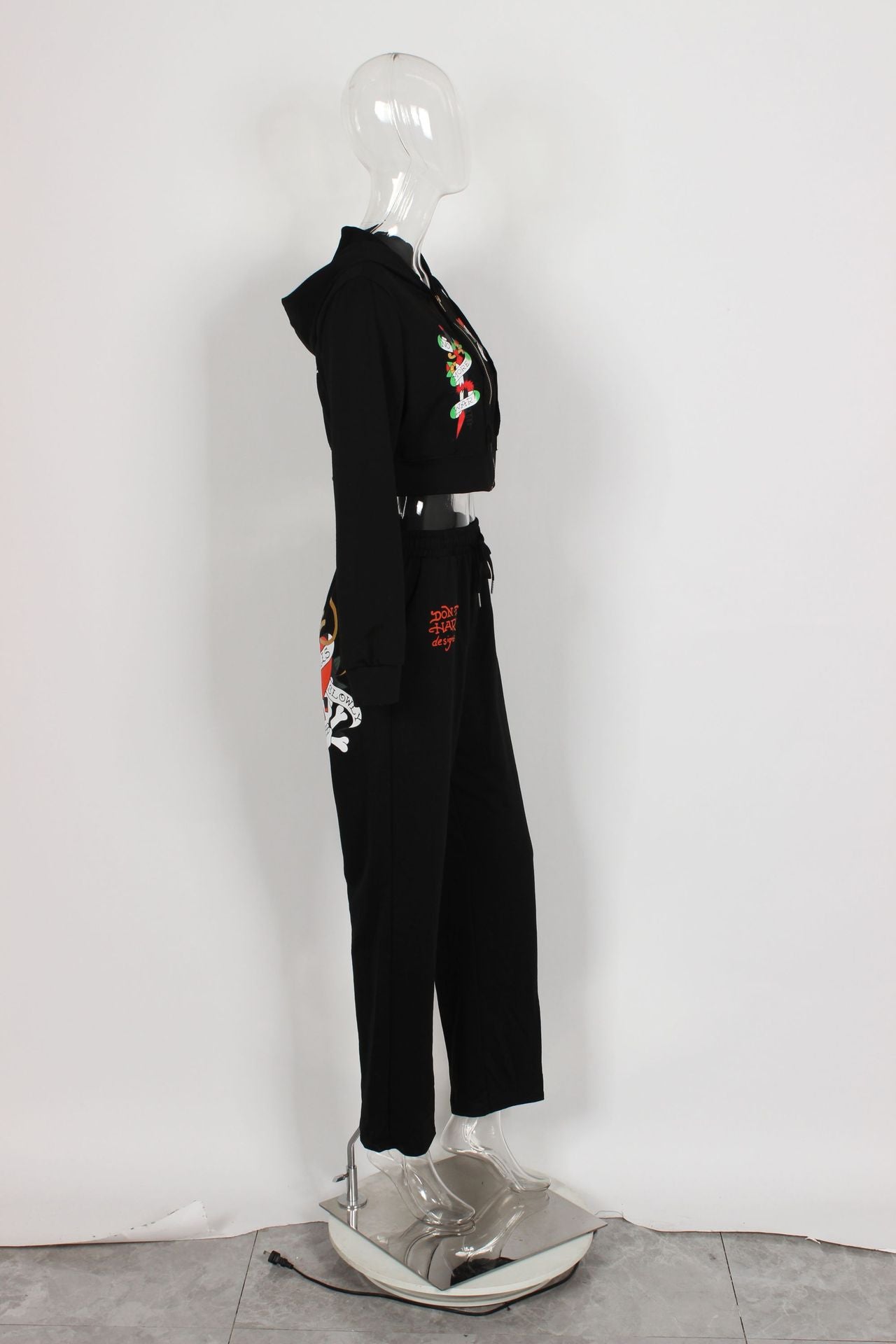 Fashionable street printed zipper short hoodies high waist straight trousers two piece set 22