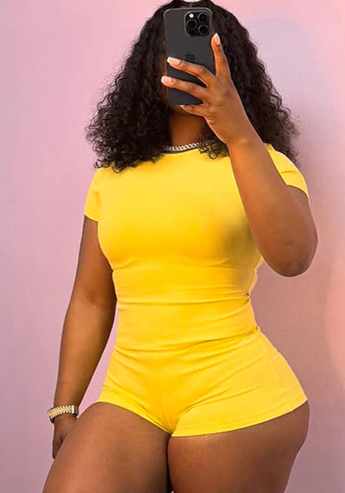 Women's Spring-Summer Solid Color Slim-Fit Round Neck T-Shirt Shorts Set