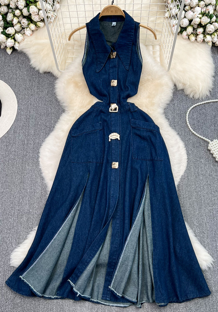 Women Turndown Collar Hollow Sleeveless Slit Denim Dress