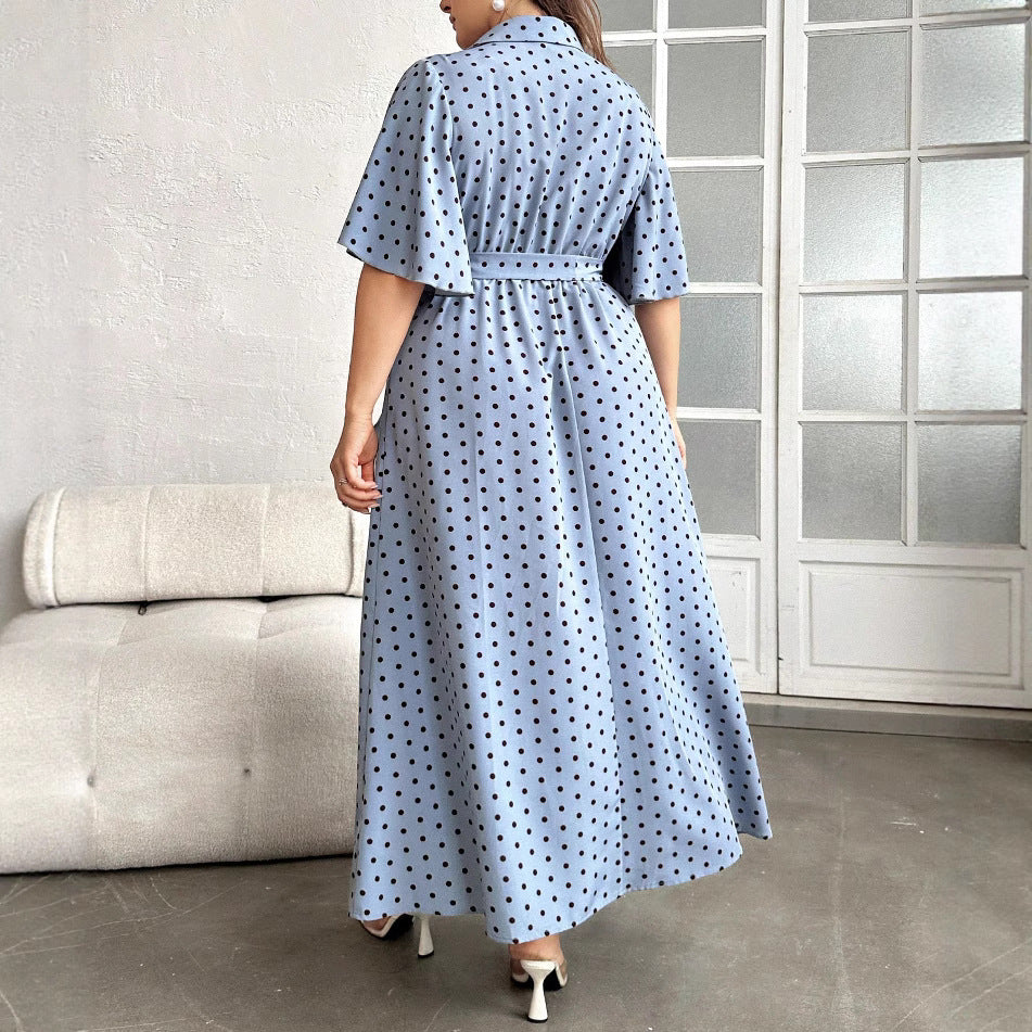 Plus Size Summer V-Neck Lace-Up Slim Waist Polka Dot Dress