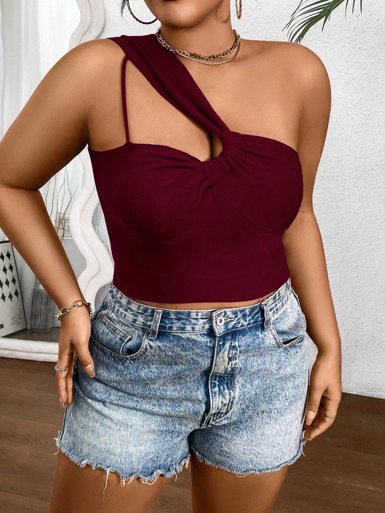 Spring Summer Plus Size Women's Sexy Single Strap Burgundy Slim Short Top