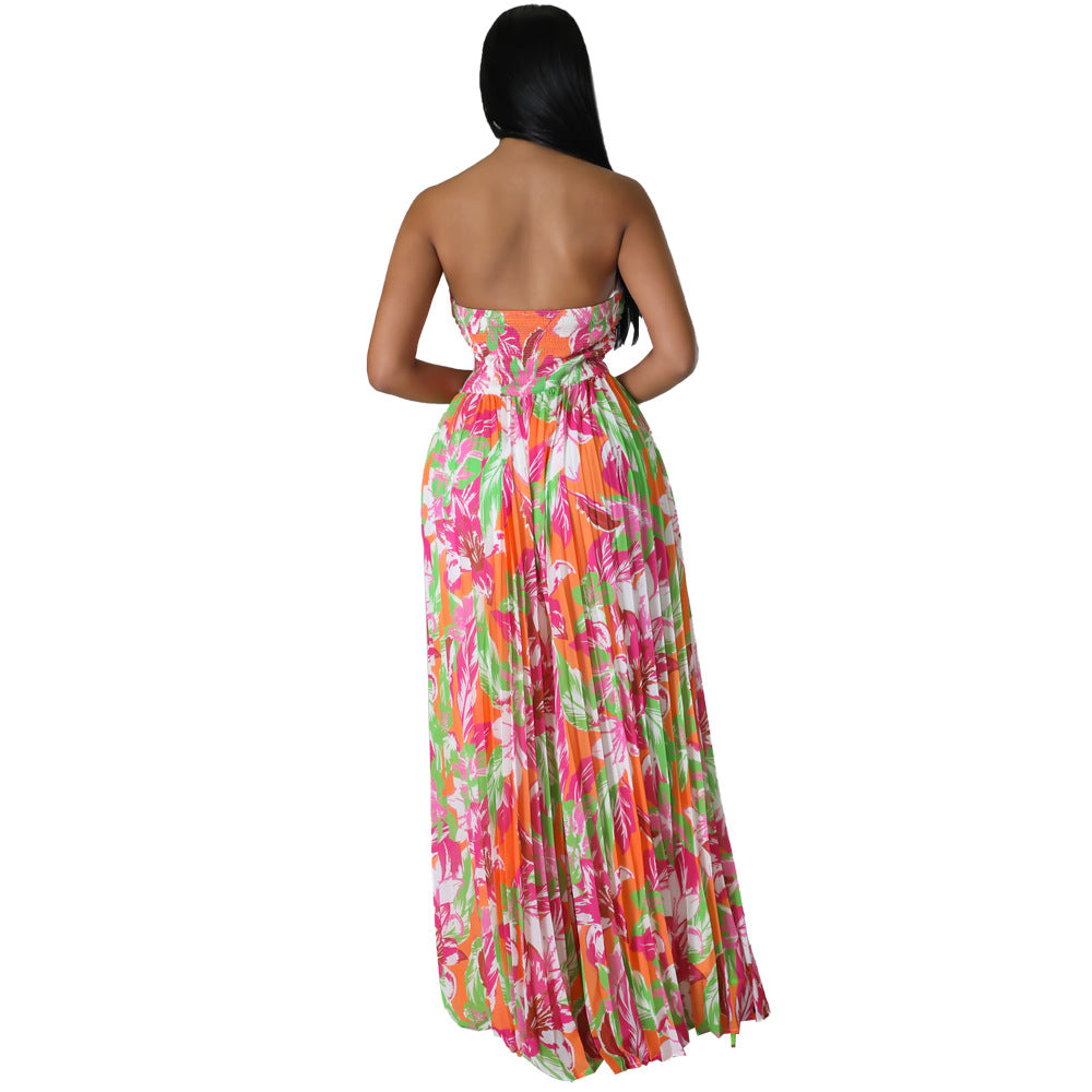 Women Summer Off Shoulder Print Pleated Jumpsuit 7