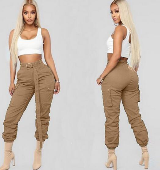 Women Solid Casual Cargo Pants with Belt 18