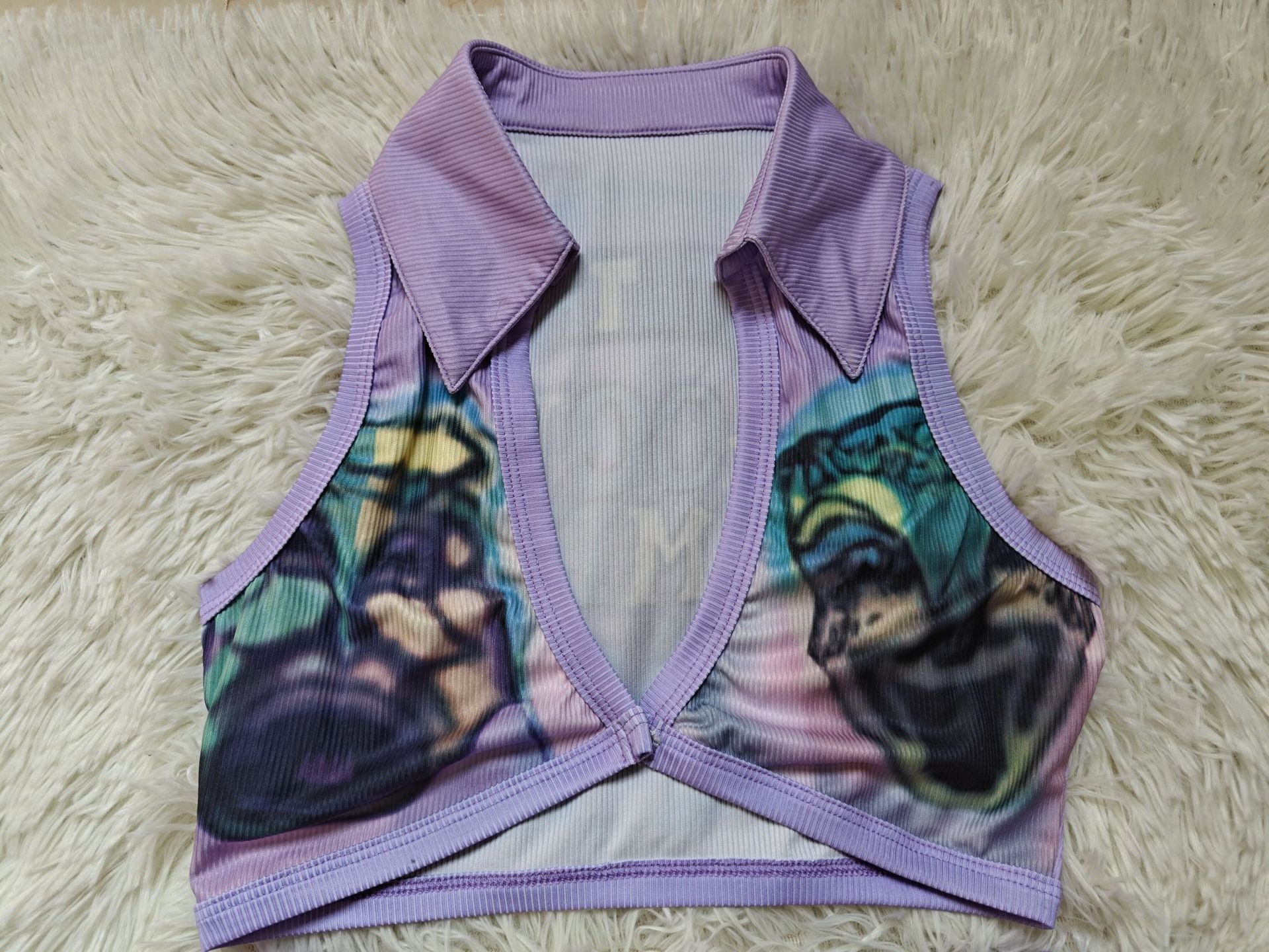 Spring Fashion Women's Sexy Turndown Collar Ribbed Print Top Cake Shorts Set 4