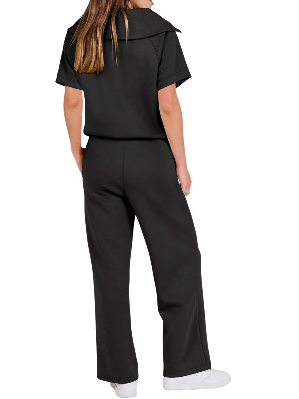 Women Casual Solid Zipper Shirt And Wide Leg Pants Two Piece Set 7