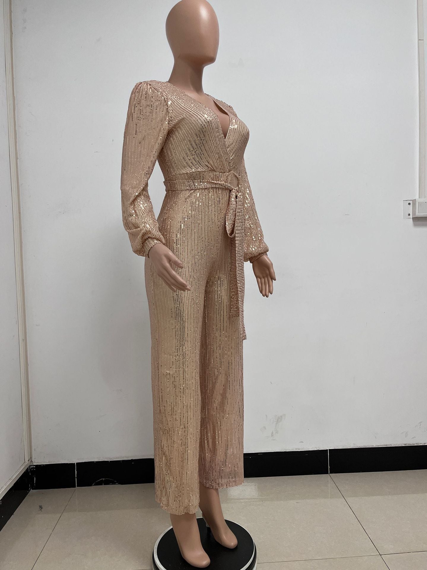 Fashion Casual Long Sleeve Belt Sequin Jumpsuit Women's Clothing 40