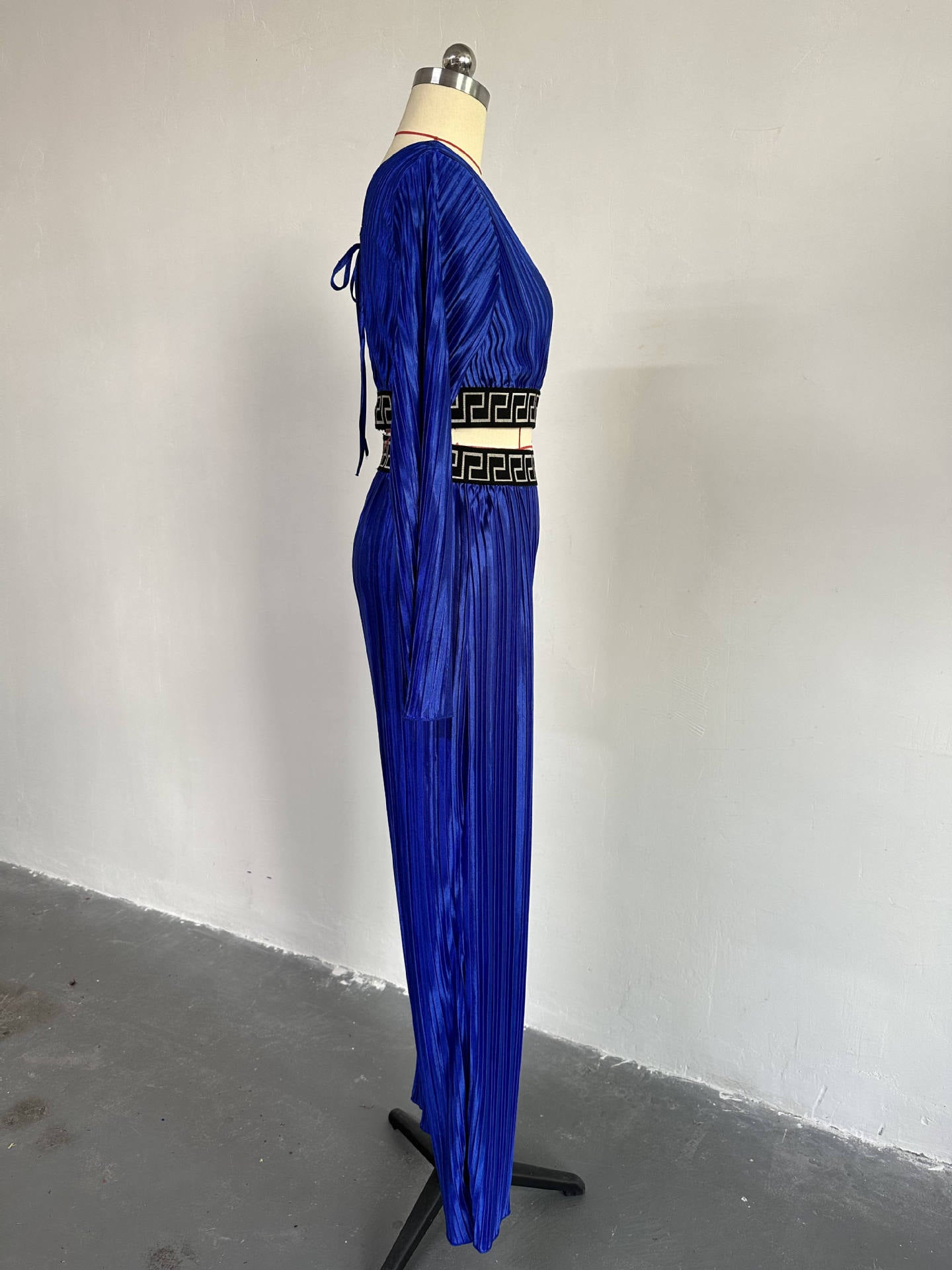 Women's Sweet Pleated V-Neck Bell Bottom Sleeve Shirt Wide Leg Pants Casual Suit 7