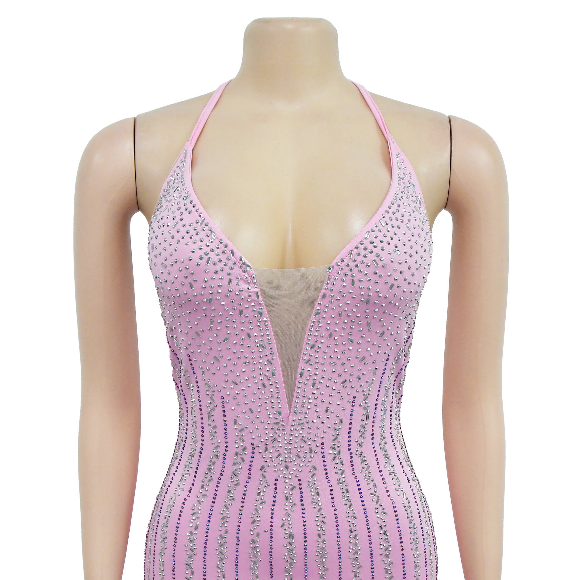 Women's Solid Color Beaded Mesh Feather Lace-Up Dress 20