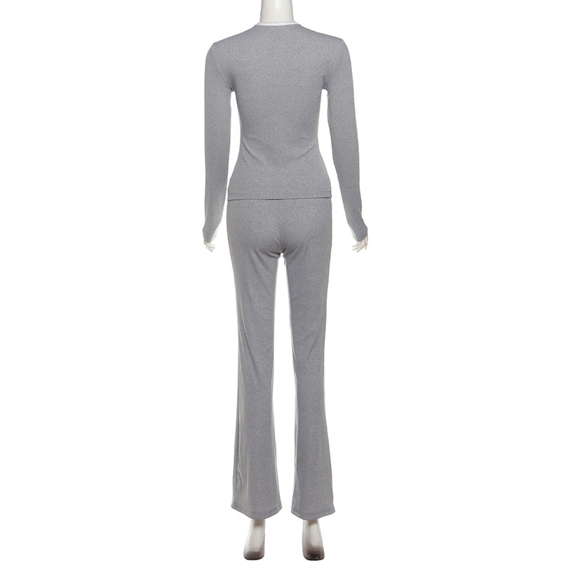 Women's Autumn Style Round Neck Button Contrast Color Long Sleeve Top & High-Waist Slim Fit Pants Set 17