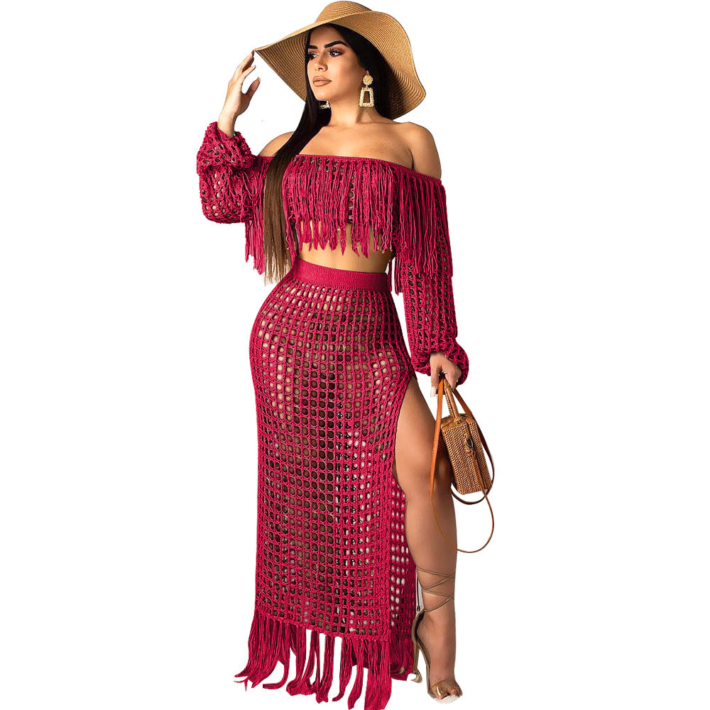 Summer Hollow Sexy Fashion Mesh Tassel See-Through Two-Piece Skirt Set 49