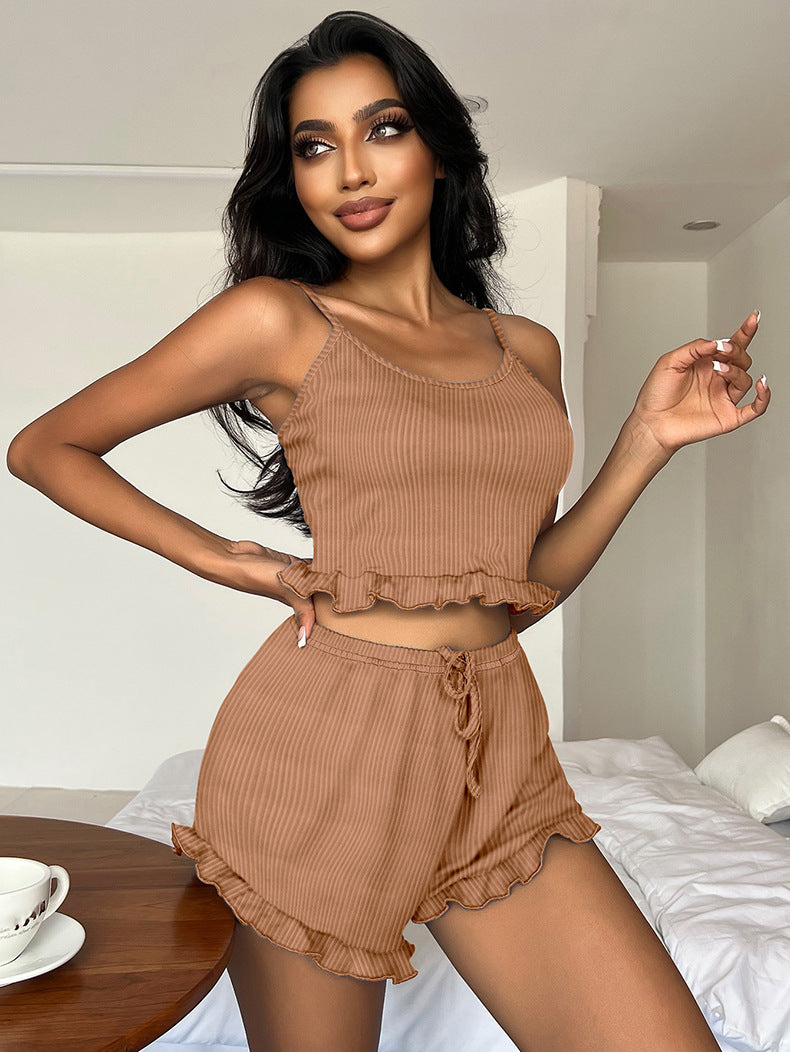 Women Sexy Ribbed Tank Cross Lace-Up Suspender Top and Shorts Pajama Two Piece Set 4