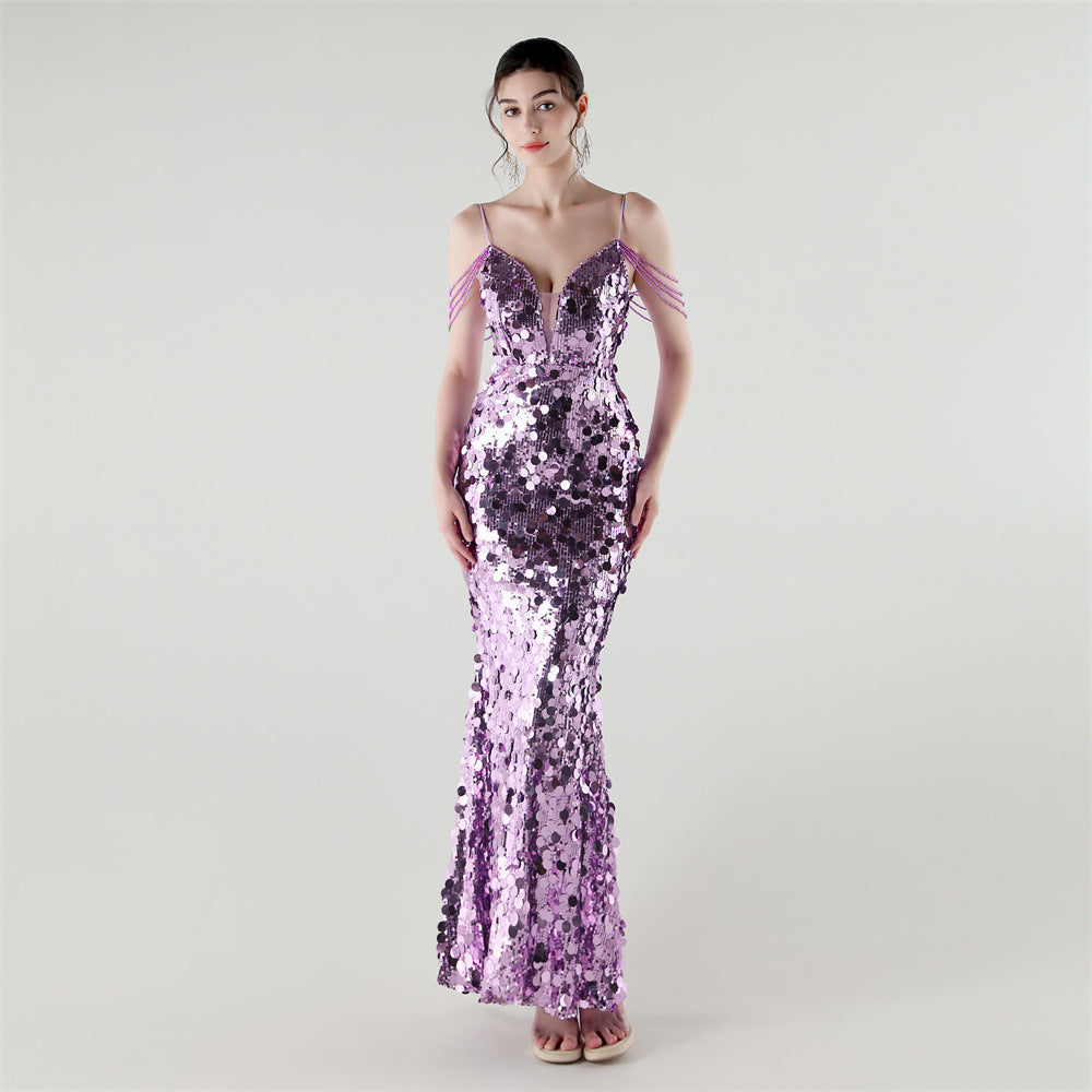 Tassel Sequined Deep V-Neck Low Back Fishtail Evening Dress for Summer Dinners 17