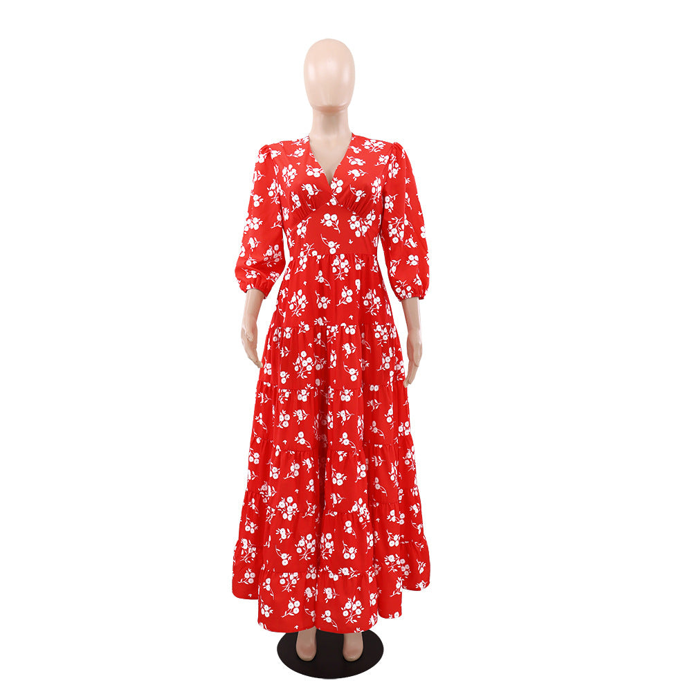 Women Floral Print V Neck Maxi Dress