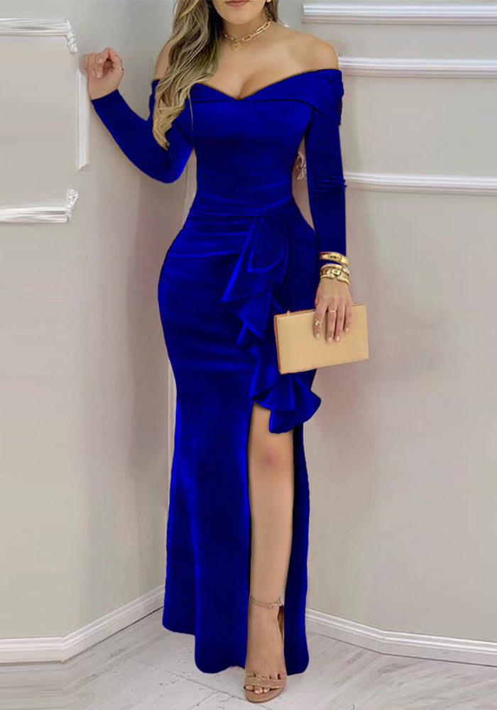 Women Velvet Off Shoulder long sleeve slit dress