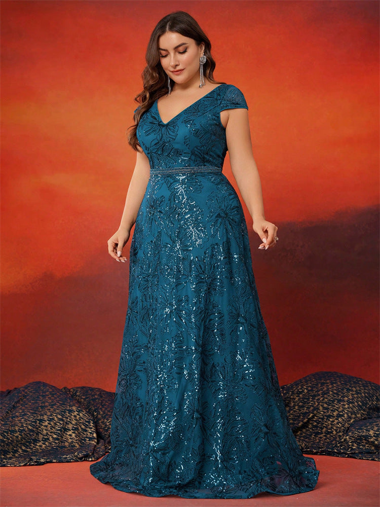 Women's Large V-Neck Sequin Floor-Length Elegant Bell Sleeve Formal Party Evening Gown 4