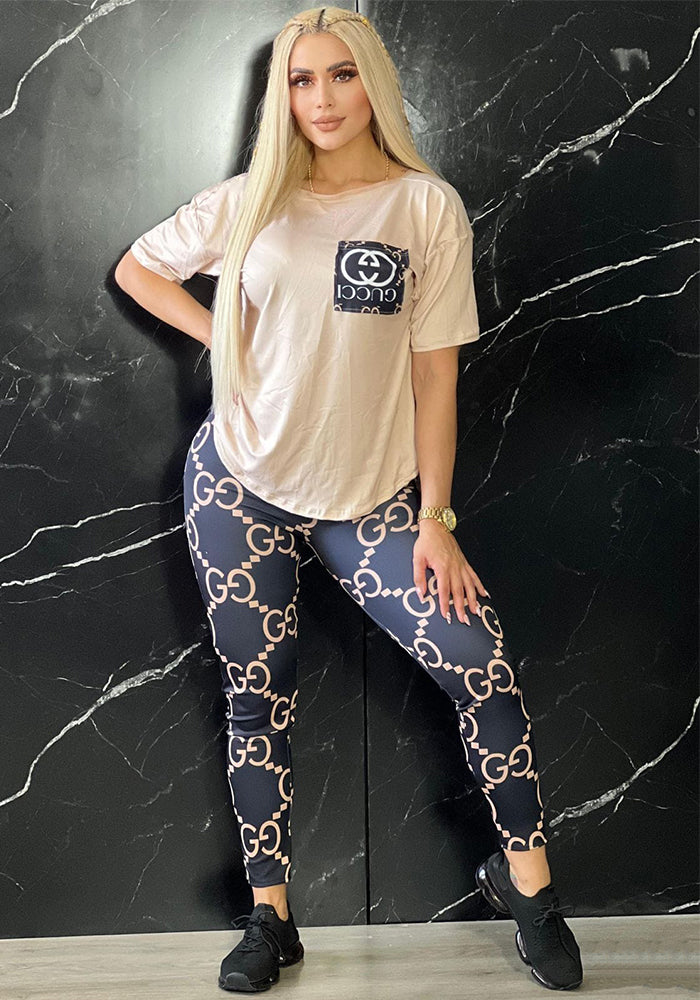 Women's Spring Printed Low Back T-shirt Pants Casual Two Piece Set