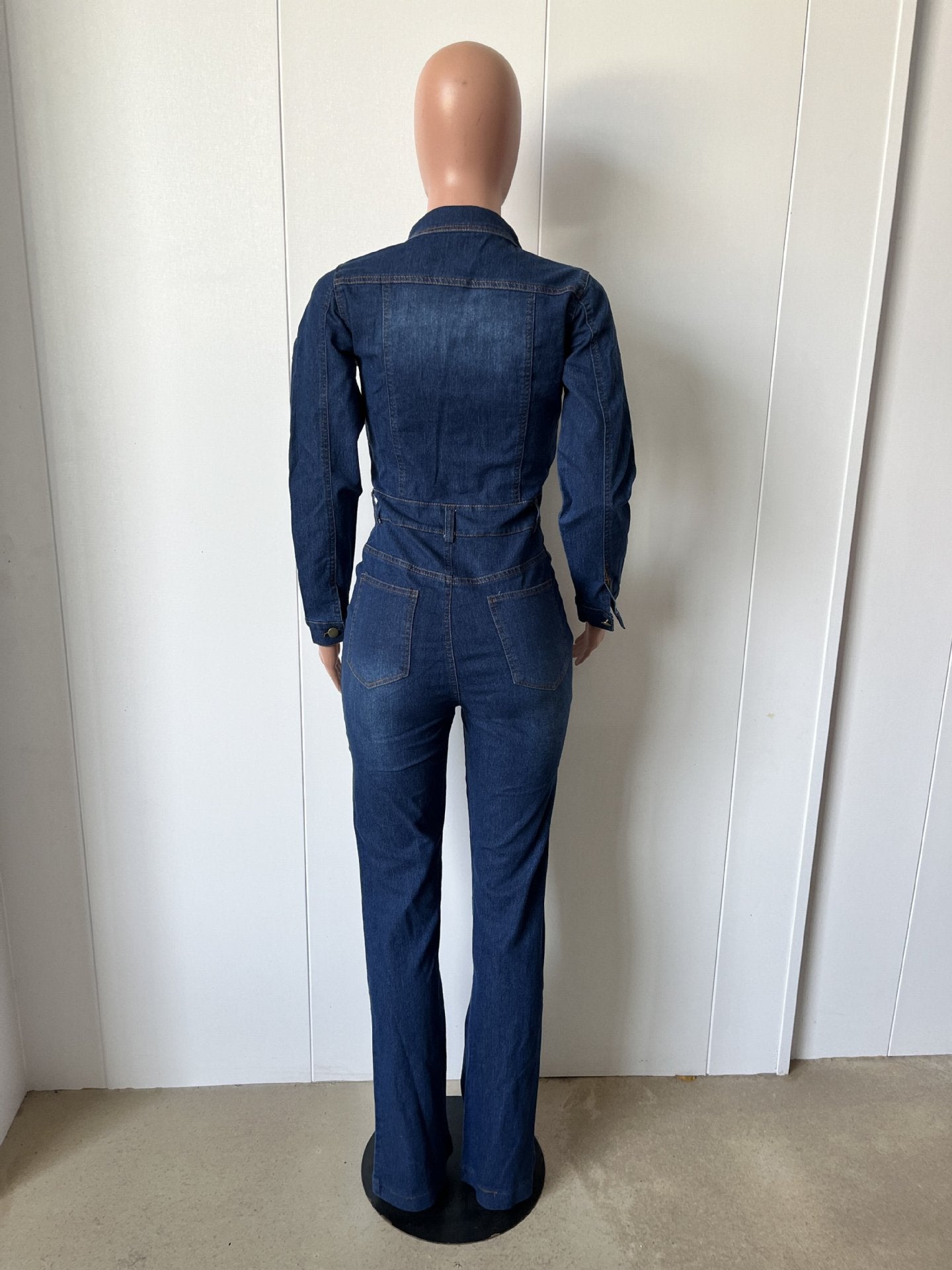 Slim Fit Stretch Bell Bottom Wash Long Sleeve Denim Jumpsuit 9
