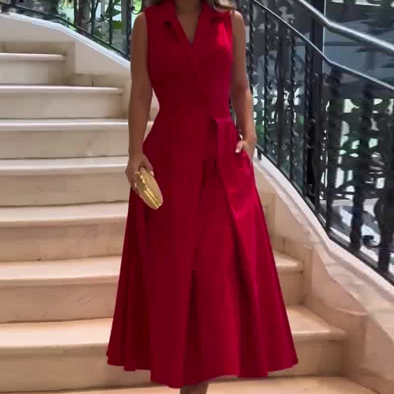 Women Autumn Solid Turndown Collar Pleated Sleeveless Dress 3