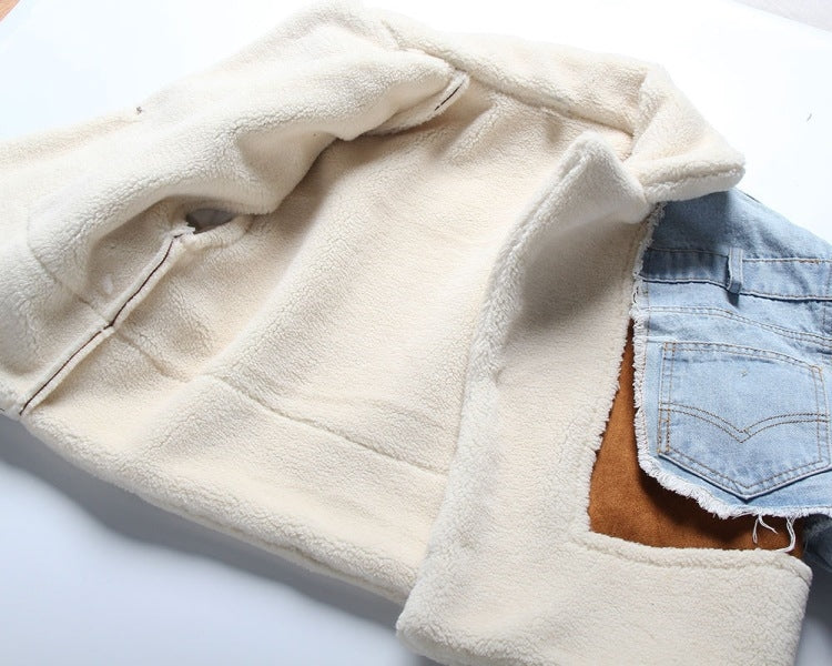 Winter Casual Blue Turndown Collar Fleece Patch Denim Jacket 11