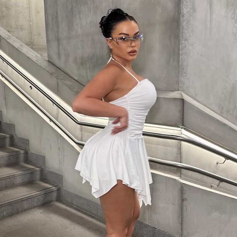 Women Solid Halter Neck Pleated Irregular Mini Dress 5