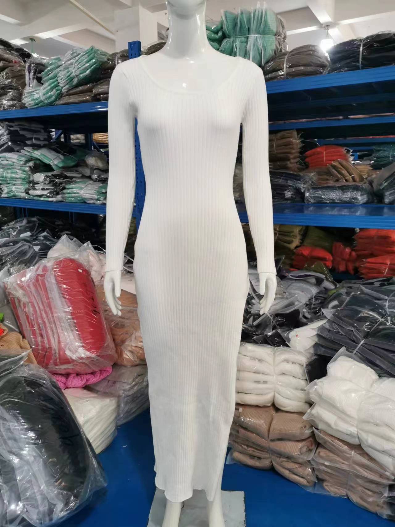 Women Autumn and Winter Round Neck Long Sleeve Slit Sexy Knitting Dress 11