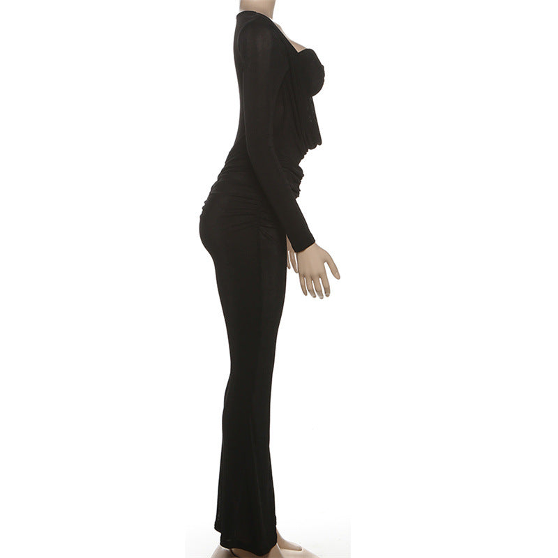 Women's Autumn Sexy Hollowed Out Cowl Neck Slim Fit High Waist Long Sleeve Jumpsuit 6