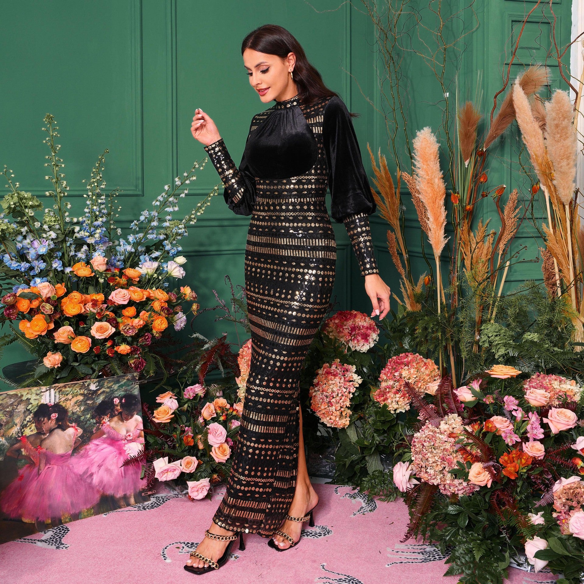 Luxury Long Sleeve Round Neck Formal Party Sequin Slim Slit Evening Dress Women Bridesmaid Gown 11